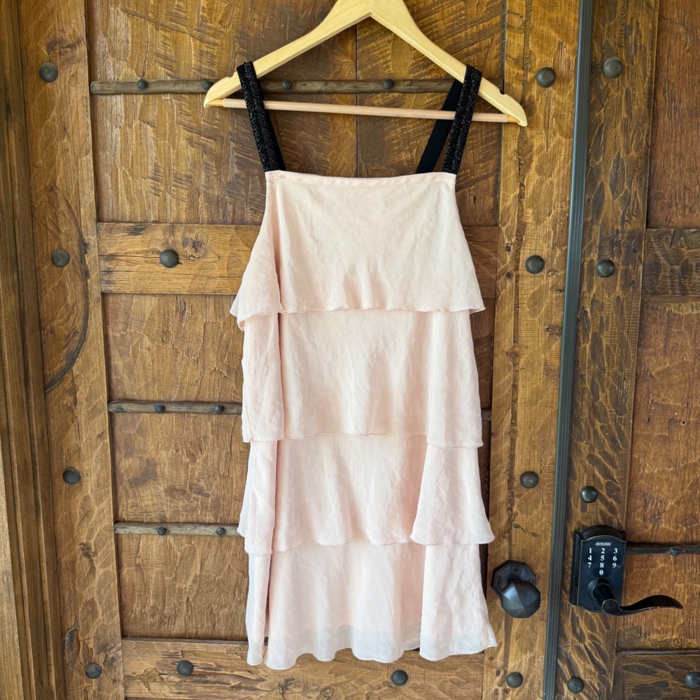 Forever 21 Tiered Ruffle Mini Dress Womens L Pink Beaded Strap Cocktail Party